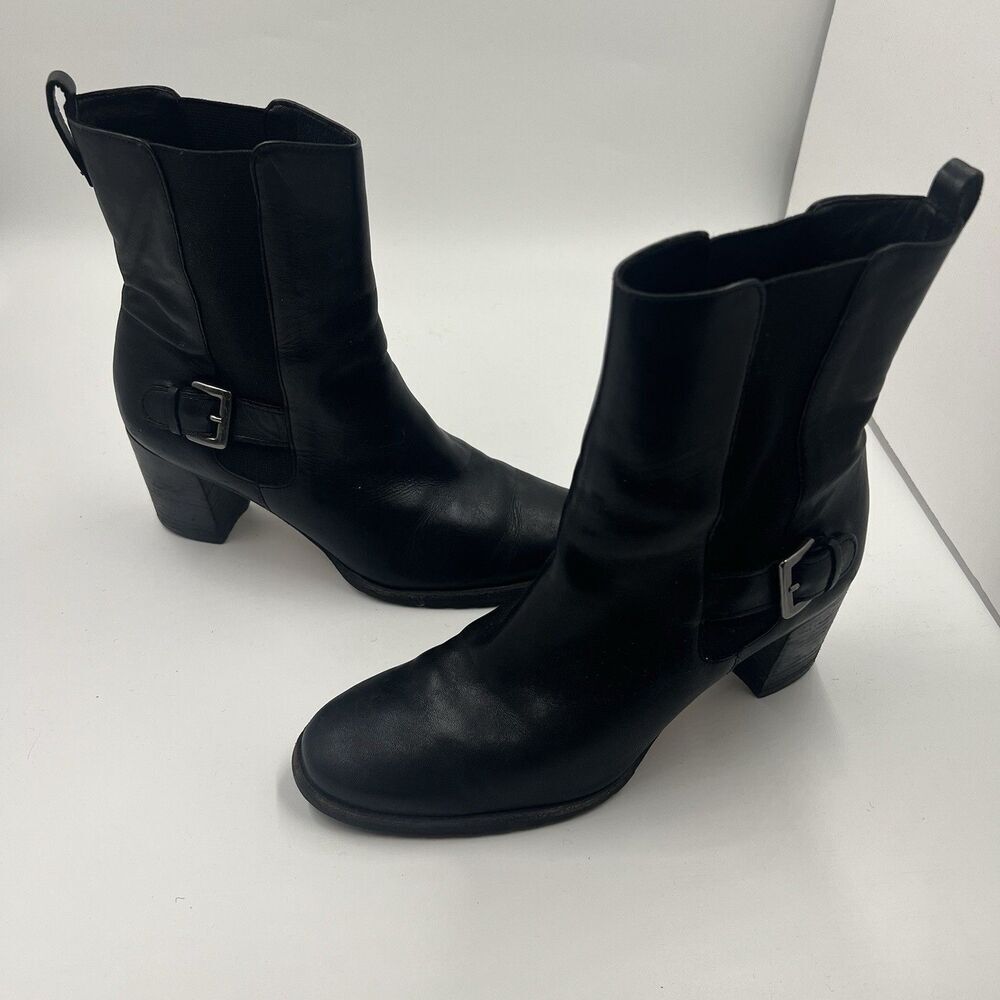 Cole Haan Women’s Black Leather Chelsea Boots Slip On Mid Calf Buckle Size 8